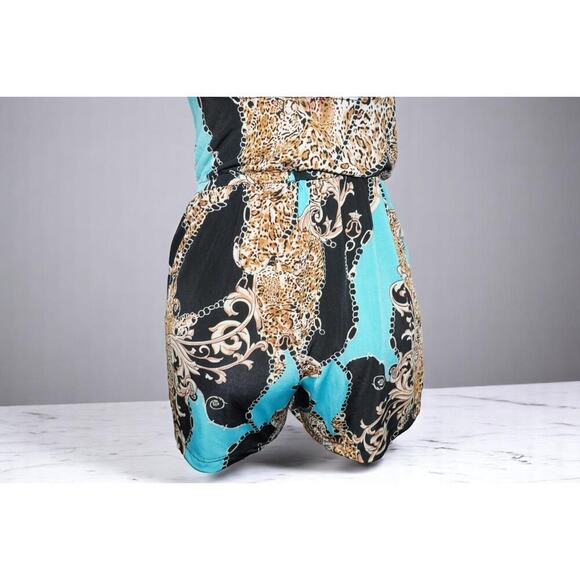Vintage Halter Romper Leopard Baroque Print Aqua Black Gold – Made in USA – Smal - Picture 4 of 7